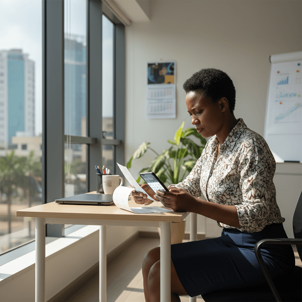 A Tanzanian office worker in Dar es Salaam reviewing her payslip and calculating PAYE deductions