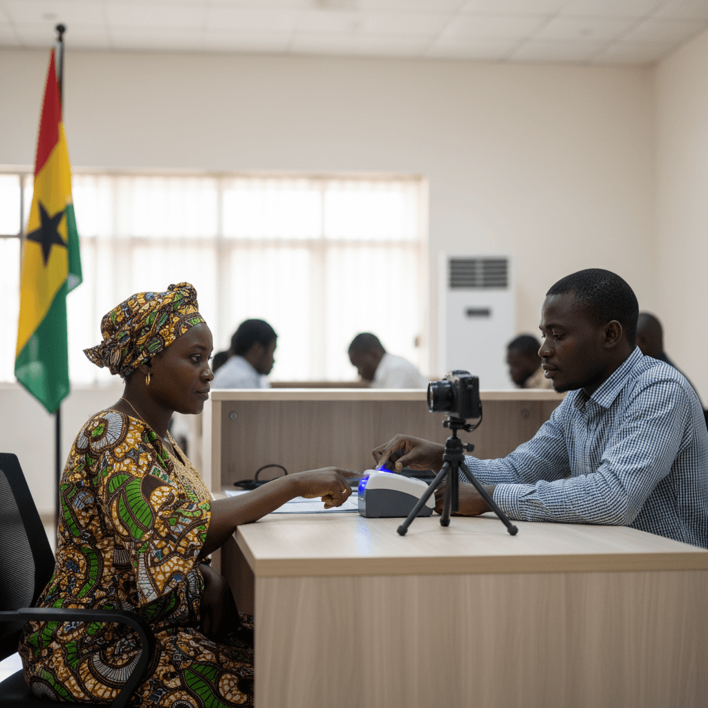 A woman being registered for her Ghana Card at an NIA registration desk in Accra, with a staff member using a biometric fingerprint scanner