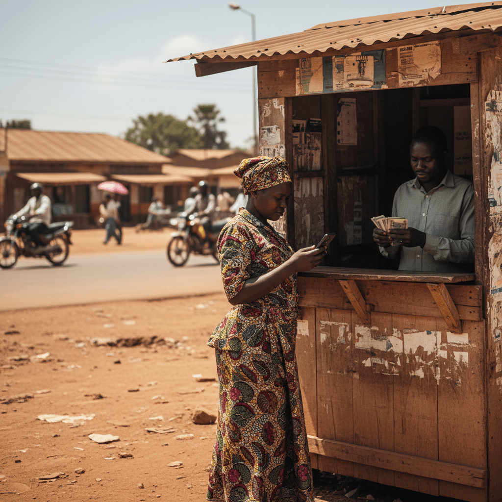 A woman checks her phone while a mobile money agent counts out cash at a roadside kiosk in Kampala, Uganda