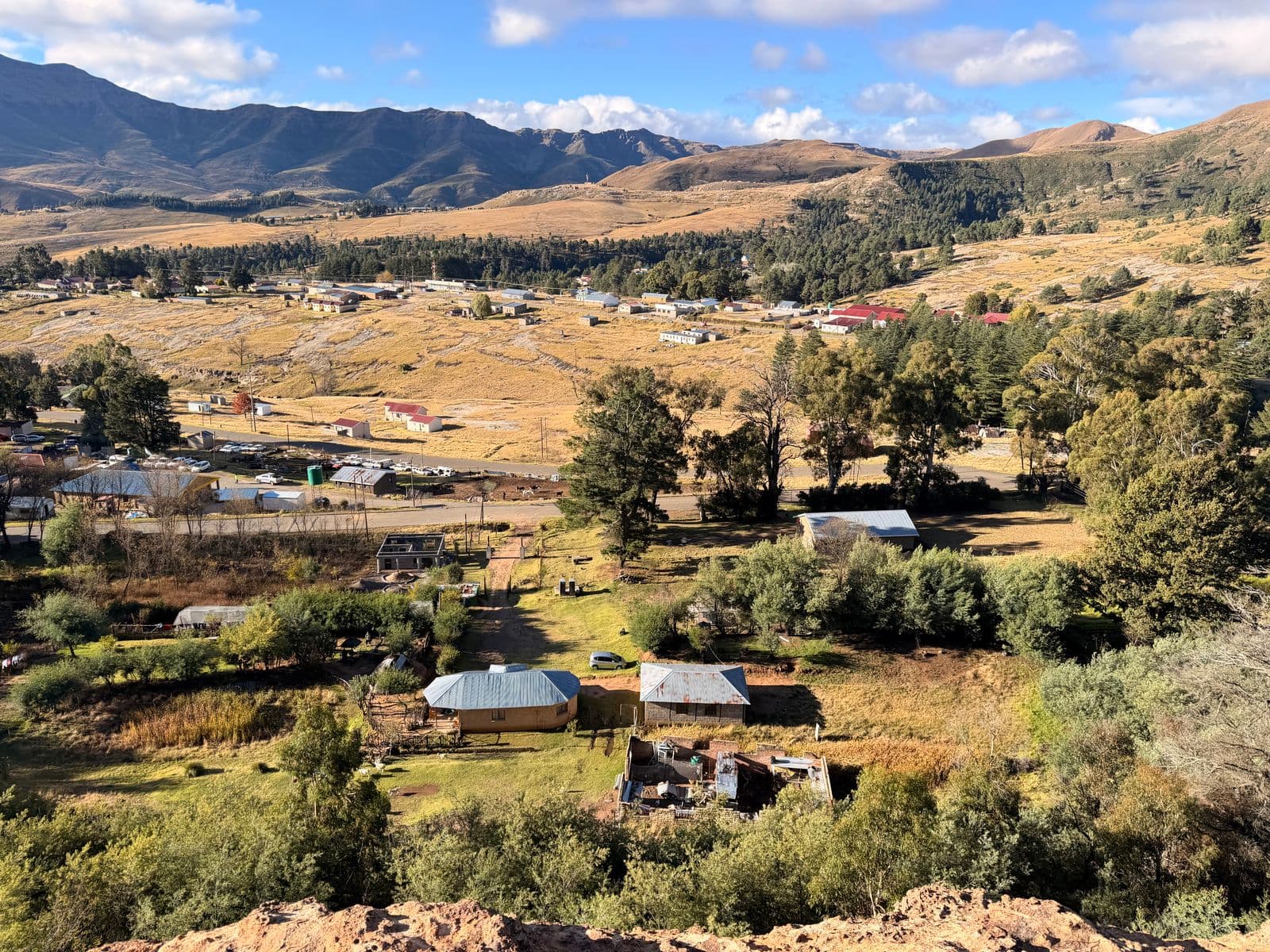 Aerial view of a rural village in the mountains of Lesotho