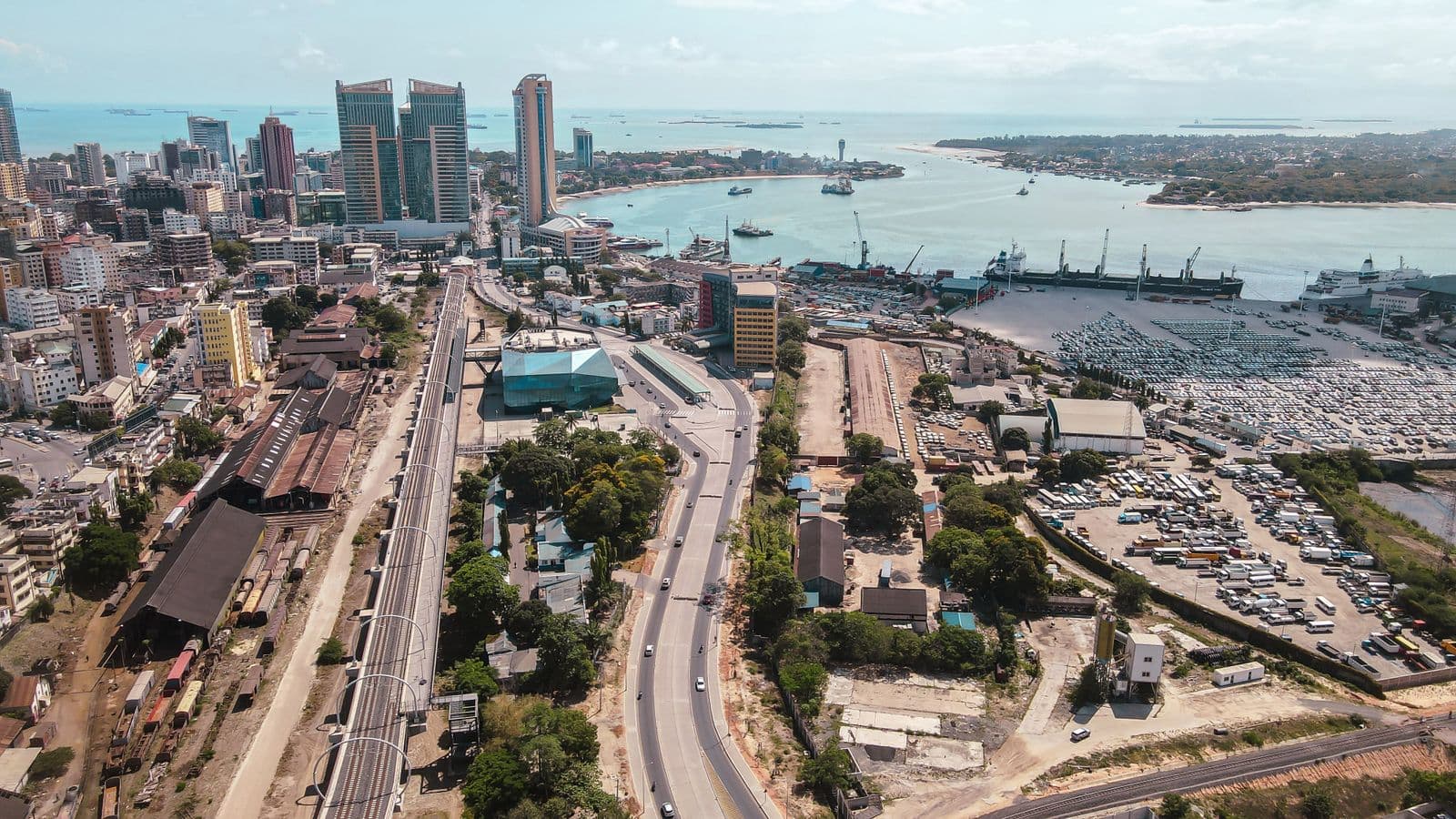 Aerial view of Dar es Salaam's harbour and city skyline, home to the Dar es Salaam Stock Exchange