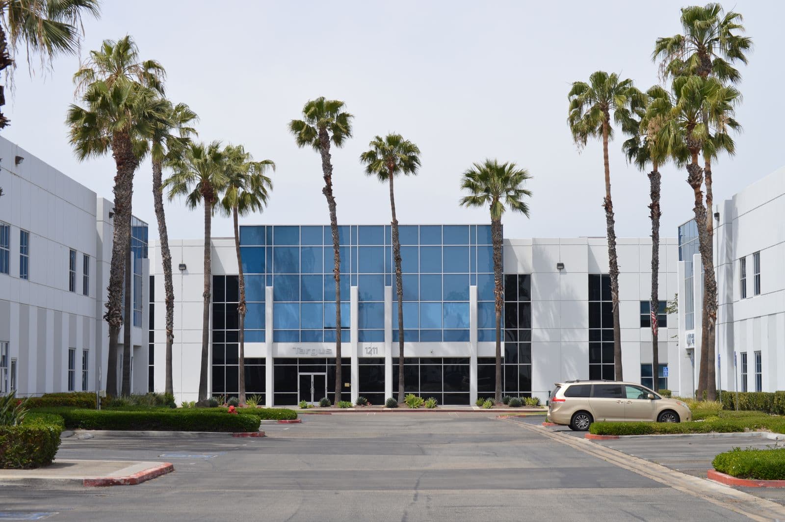 Modern office building with palm trees, the kind of workplace where payroll tax is withheld